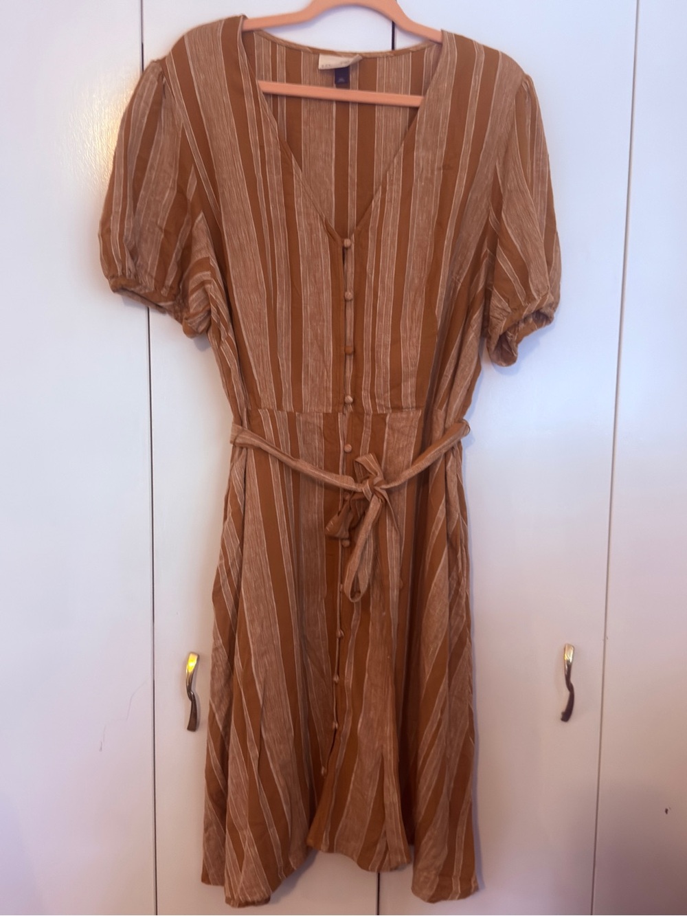 Belted Striped Midi Dress in Golden Yellow